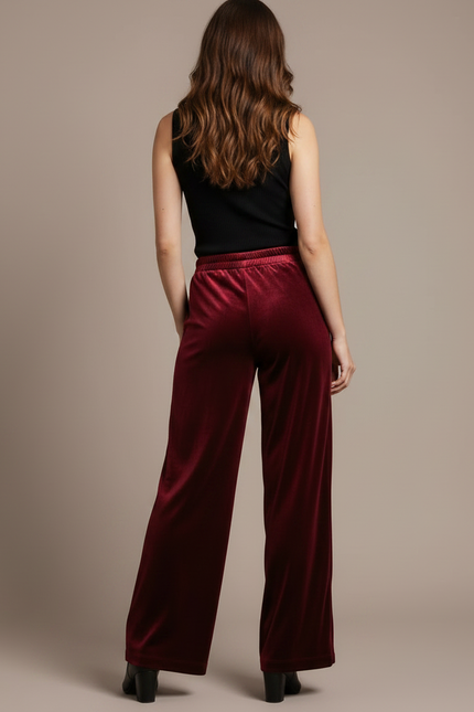 Pantalon Fluide Velours Bordeaux Ample Évasé Élégant - vue 2