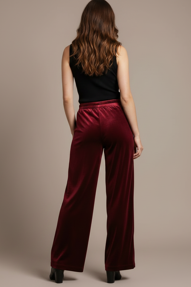 Pantalon Fluide Velours Bordeaux Ample Évasé Élégant - vue 2