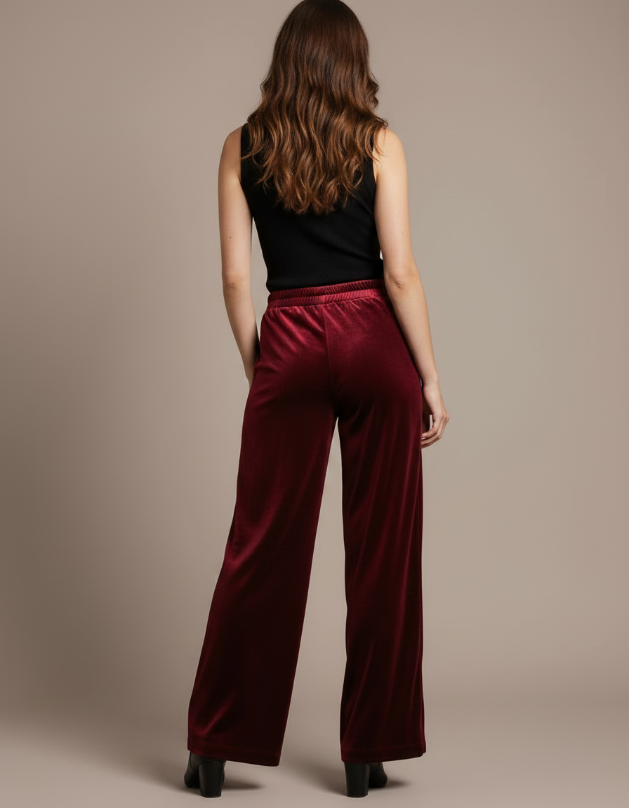 Pantalon Fluide Velours Bordeaux Ample Évasé Élégant - vue 2