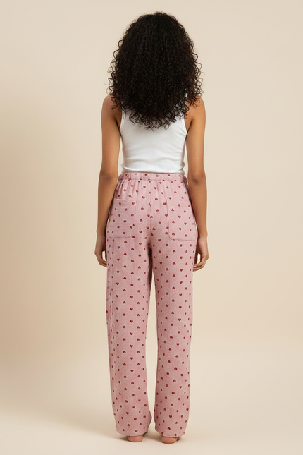 Pantalon Fluide Rose Coton Imprimé Cœurs Ample Femme - vue 2