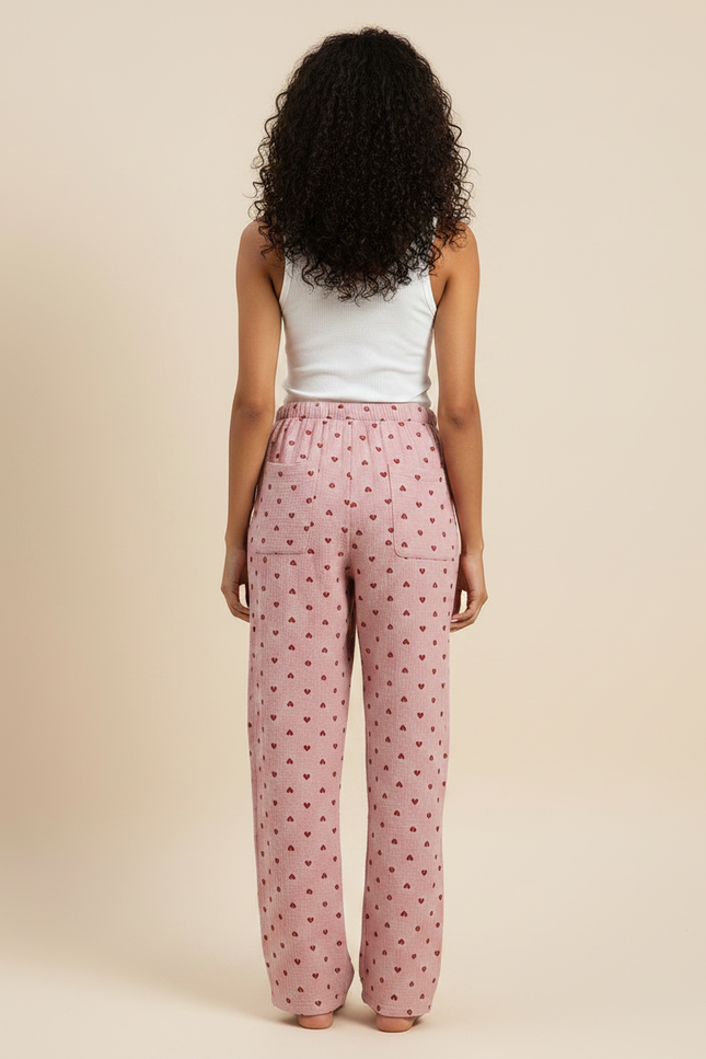 Pantalon Fluide Rose Coton Imprimé Cœurs Ample Femme - vue 2