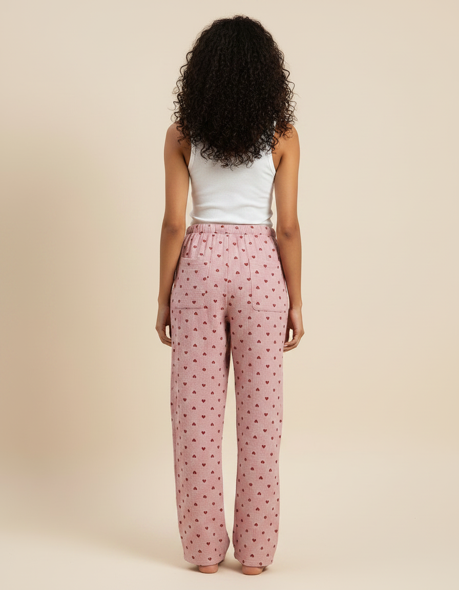 Pantalon Fluide Rose Coton Imprimé Cœurs Ample Femme - vue 2