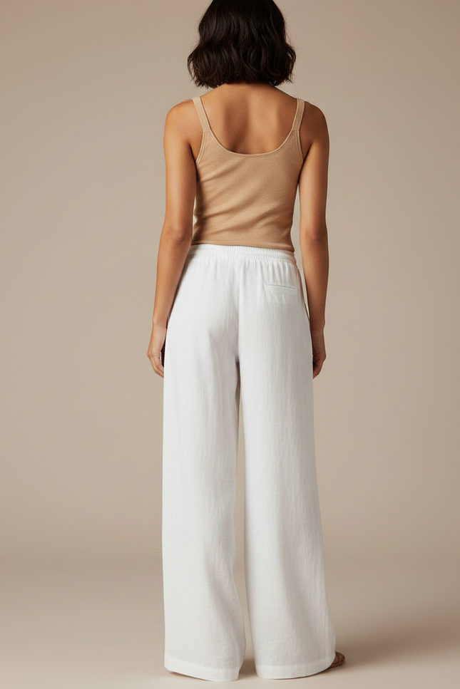Pantalon Fluide Blanc Lin Ample Taille Élastique - vue 2