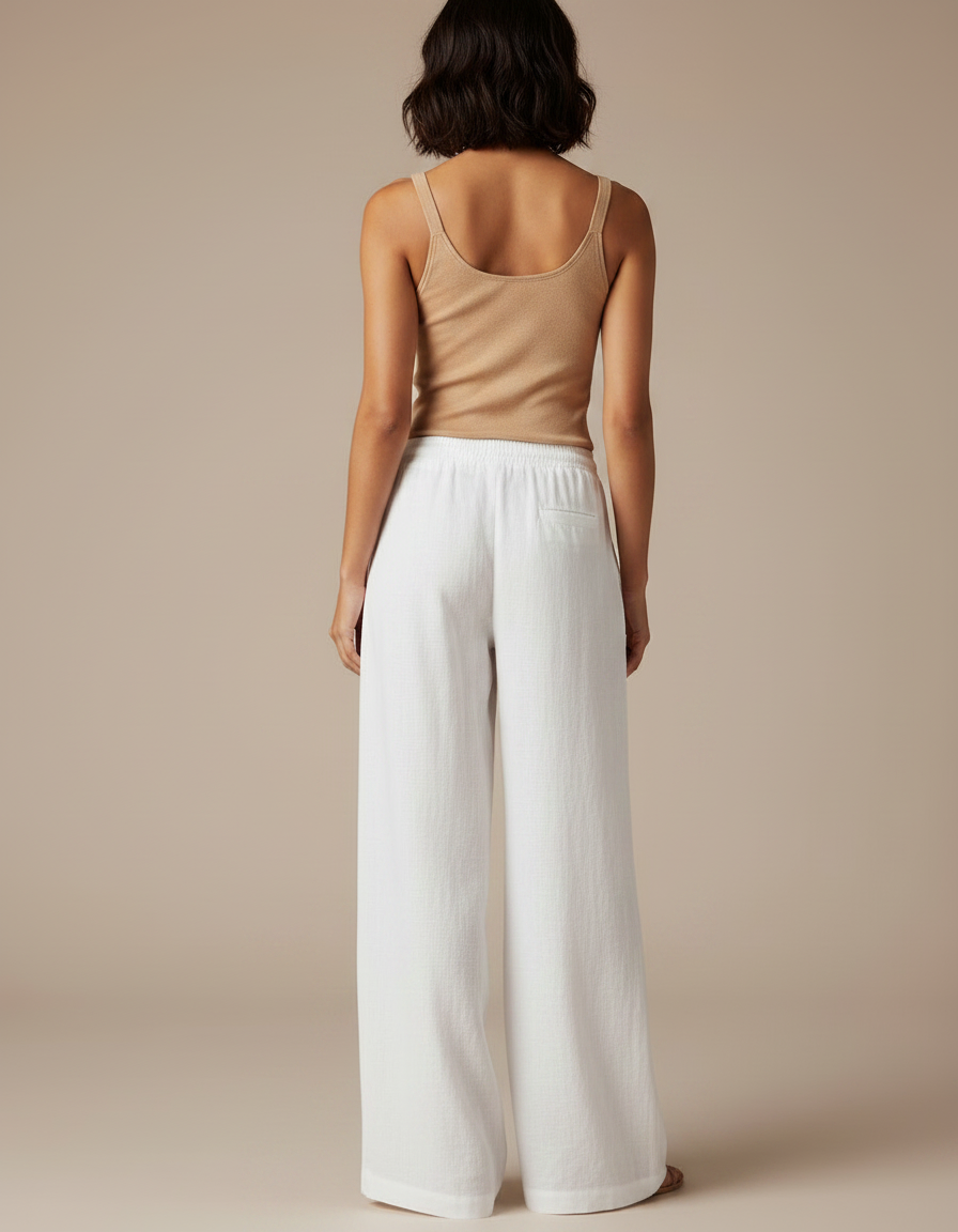 Pantalon Fluide Blanc Lin Ample Taille Élastique - vue 2