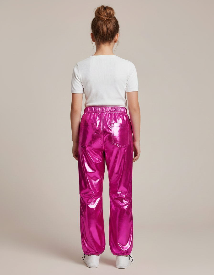 Pantalon Fluide Métallisé Cargo Rose Brillant Fille - Polyester - vue 2