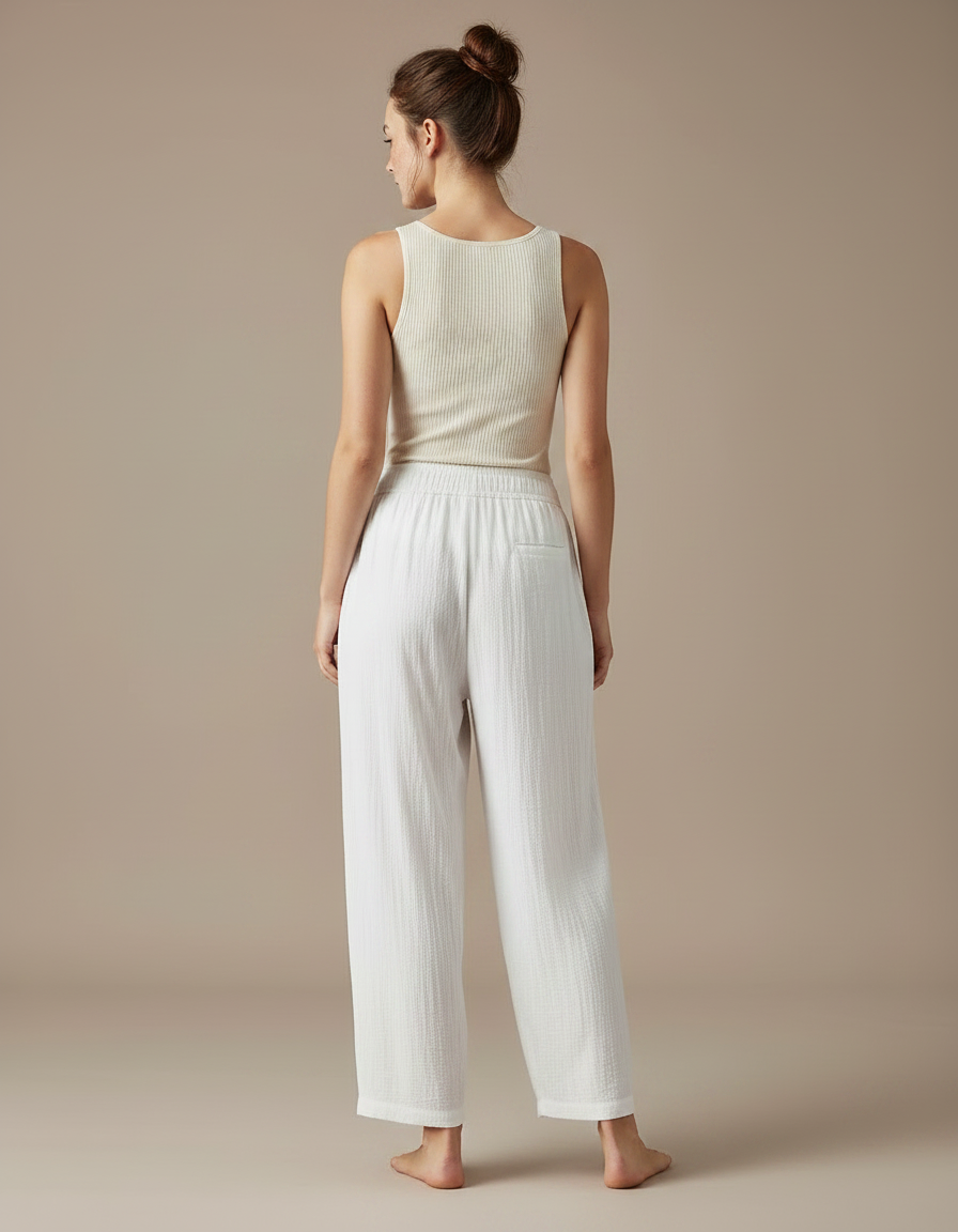 Pantalon Fluide Blanc Ample Coton Décontracté Harem - vue 2