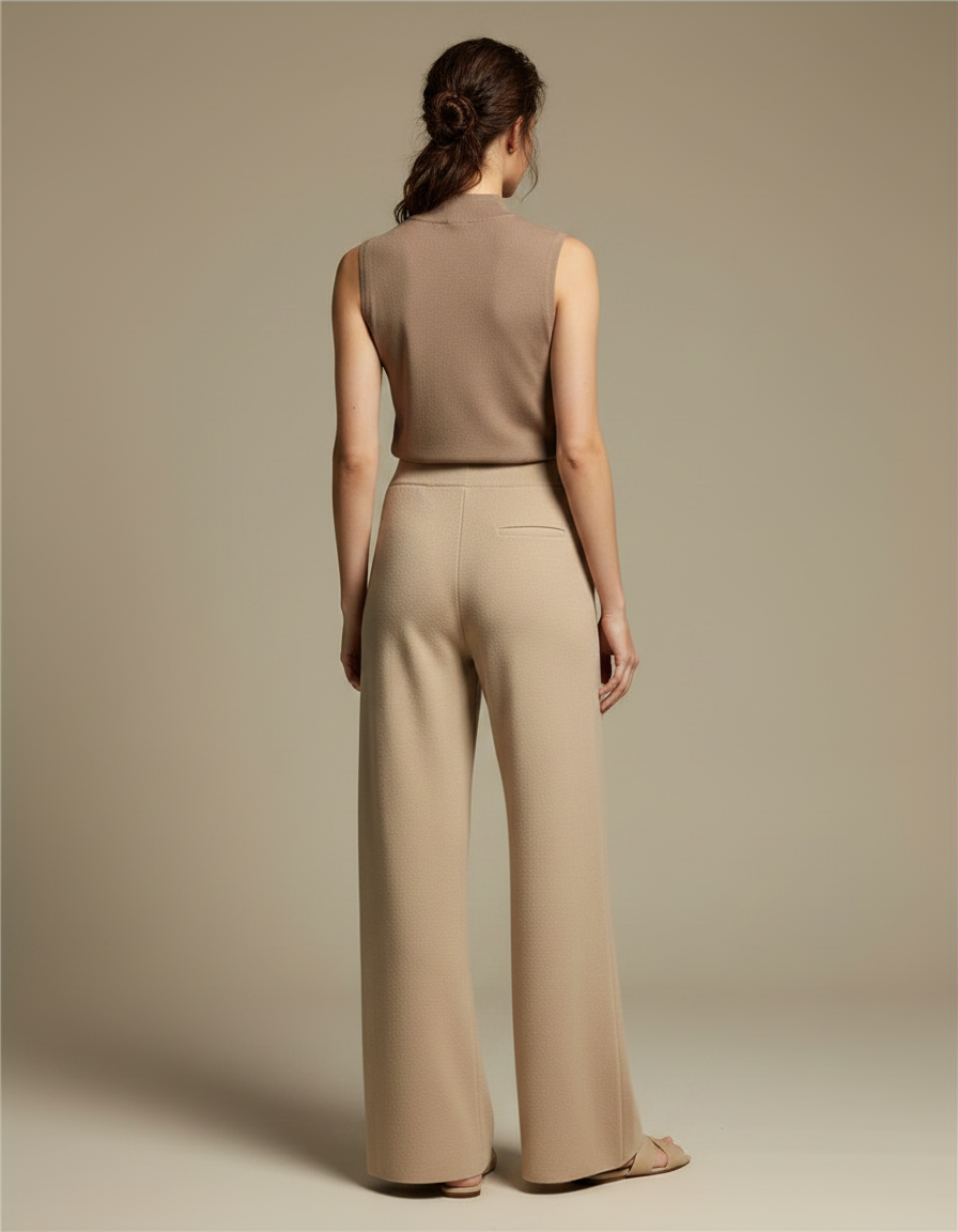Pantalon Fluide Beige Maille Ample Élastique Confortable - vue 2