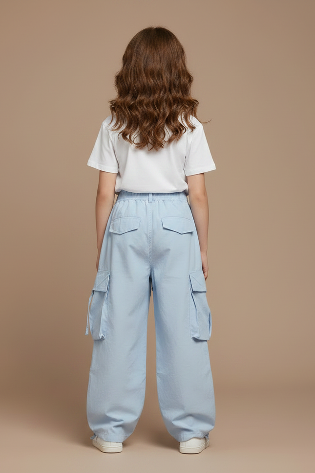 Pantalon Fluide Cargo Coton Bleu Brodé Ample Fille - vue 2