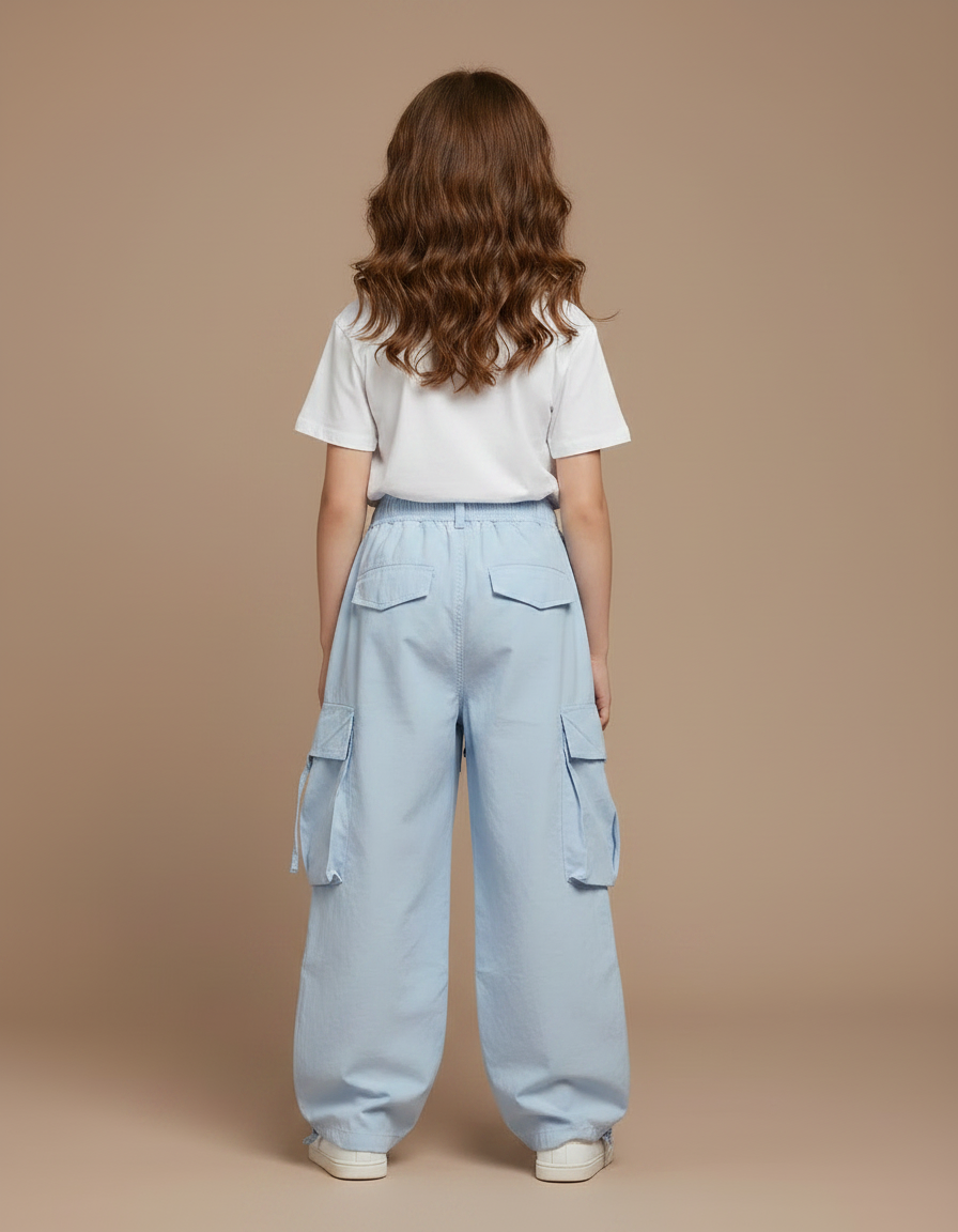 Pantalon Fluide Cargo Coton Bleu Brodé Ample Fille - vue 2
