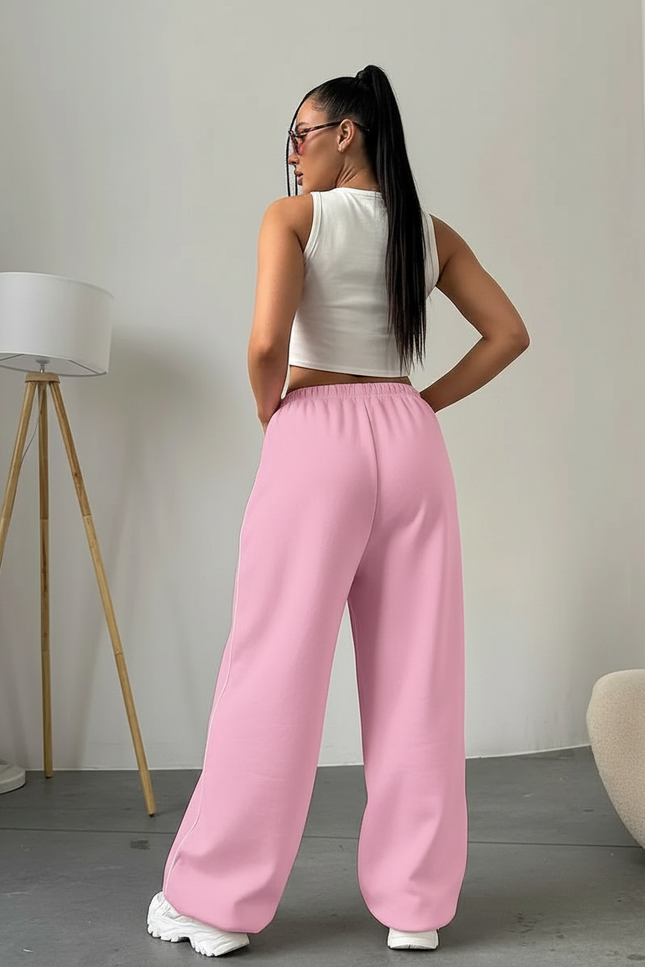 Pantalon Fluide Rose Ample Sport Rayures Confortable - Molleton