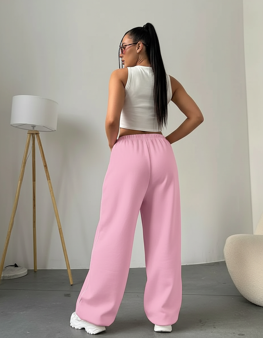 Pantalon Fluide Rose Ample Sport Rayures Confortable - Molleton