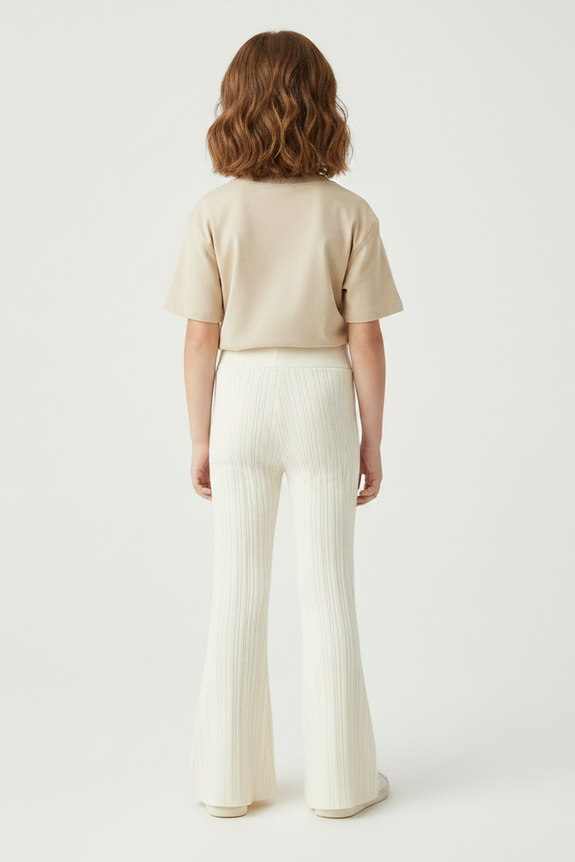 Pantalon Fluide Écru Côtelé Évasé Tricoté Enfant - Beige Maille - vue 2