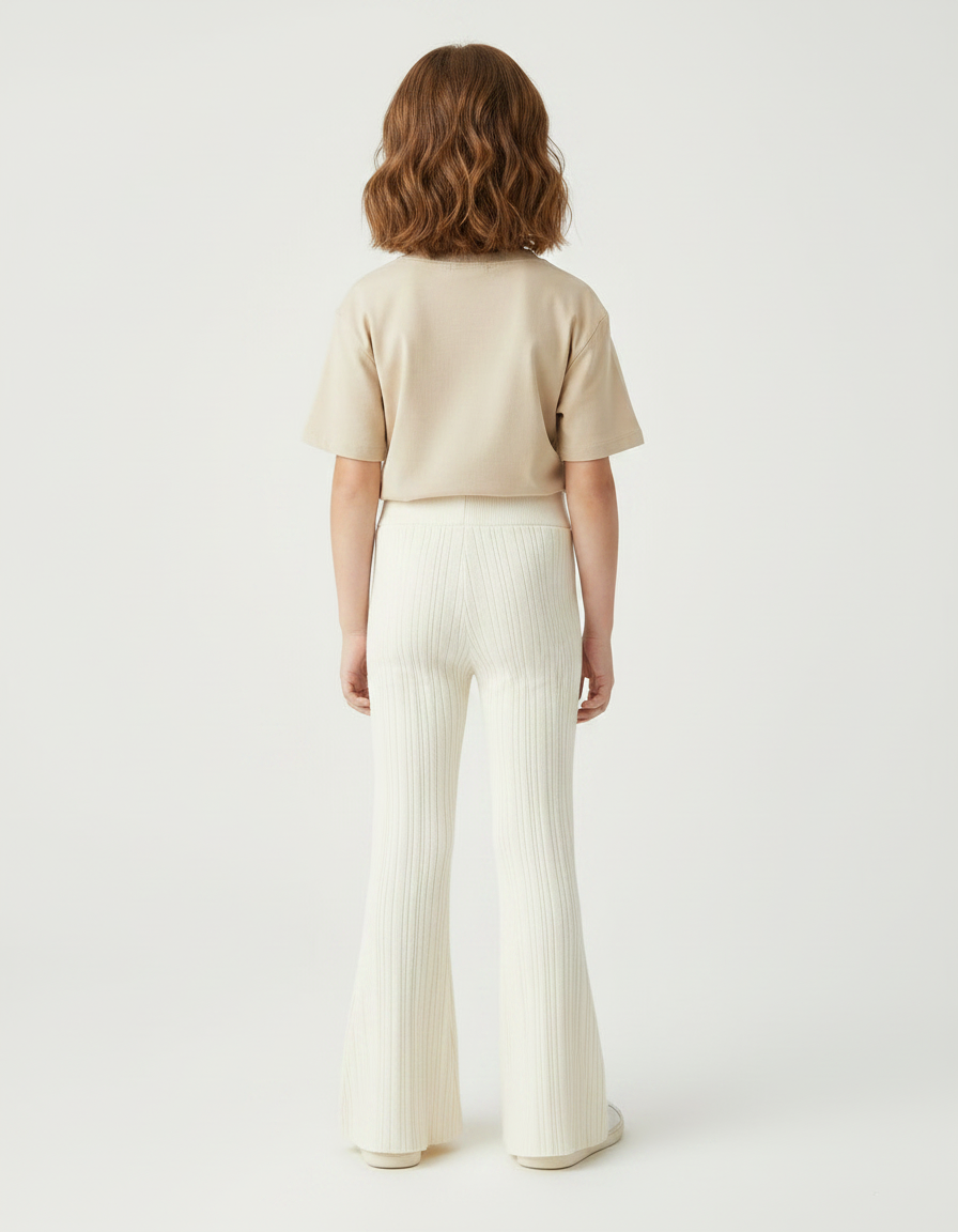 Pantalon Fluide Écru Côtelé Évasé Tricoté Enfant - Beige Maille - vue 2