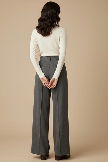 Pantalon Fluide Gris Ample Taille Haute Droit Élégant - Laine - vue 2
