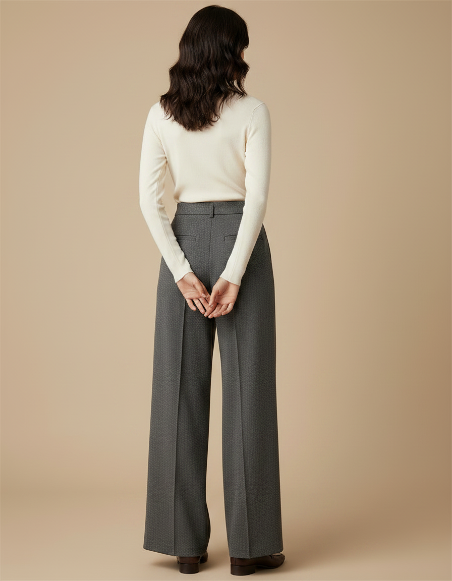 Pantalon Fluide Gris Ample Taille Haute Droit Élégant - Laine - vue 2