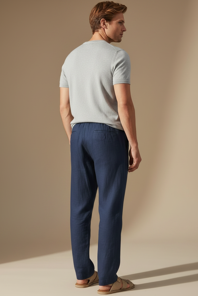 Pantalon Fluide Bleu Marine Lin Homme Décontracté Léger - vue 2