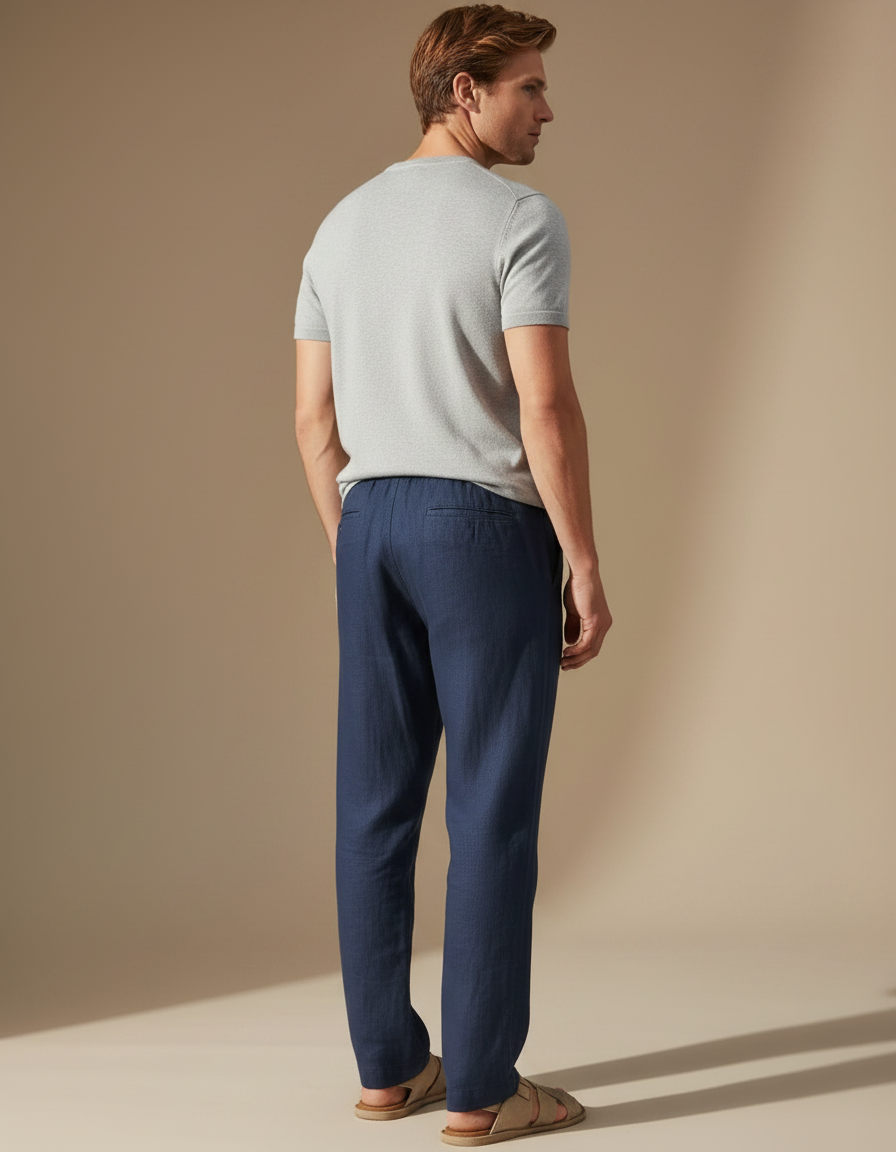 Pantalon Fluide Bleu Marine Lin Homme Décontracté Léger - vue 2