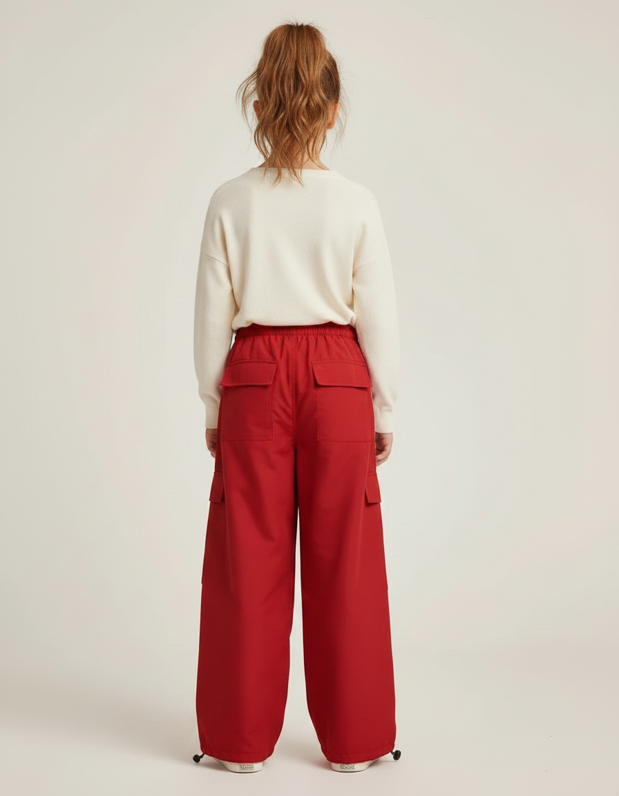 Pantalon Fluide Rouge Cargo Rayures Blanches Ample - Polyester - vue 2