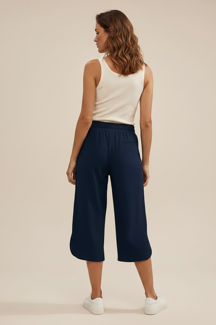 Pantalon Fluide Bleu Marine Court Ample Décontracté - Polyester - vue 2