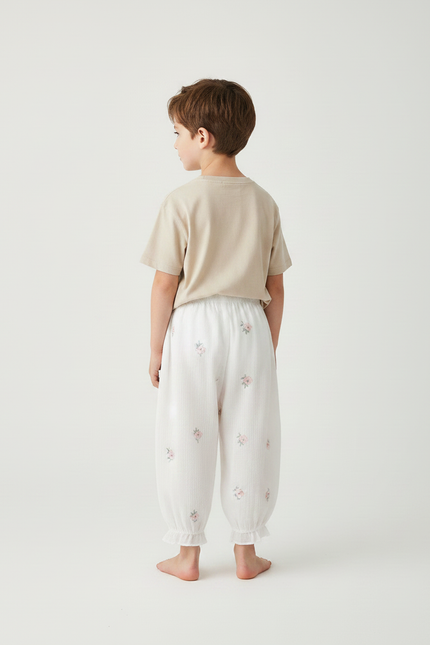 Pantalon Fluide Blanc Coton Gaze Ample Floral Enfant - vue 2