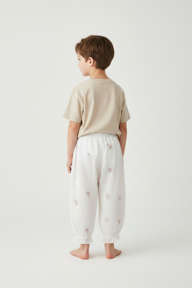 Pantalon Fluide Blanc Coton Gaze Ample Floral Enfant - vue 2