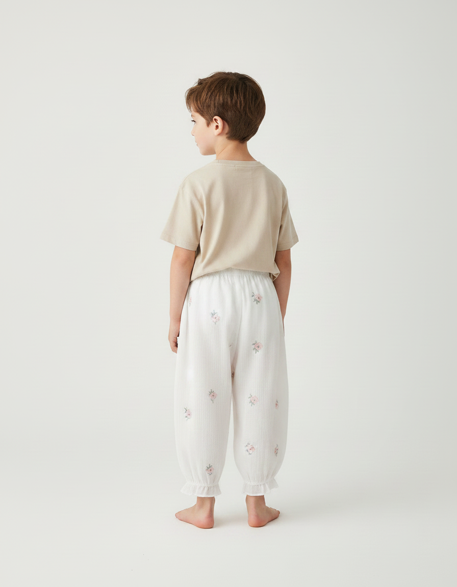 Pantalon Fluide Blanc Coton Gaze Ample Floral Enfant - vue 2