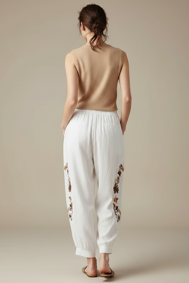 Pantalon Fluide Blanc Brodé Ample Taille Élastique Confortable - Lin - vue 2