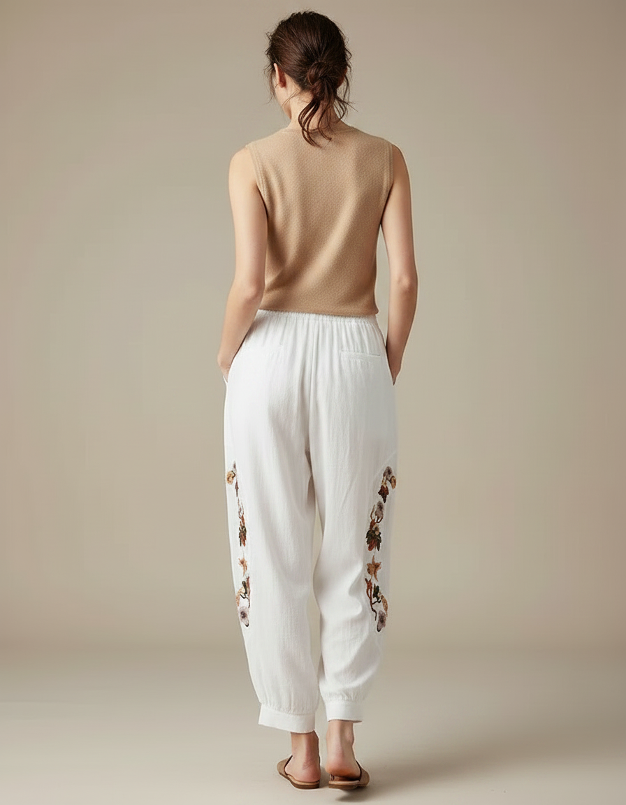 Pantalon Fluide Blanc Brodé Ample Taille Élastique Confortable - Lin - vue 2
