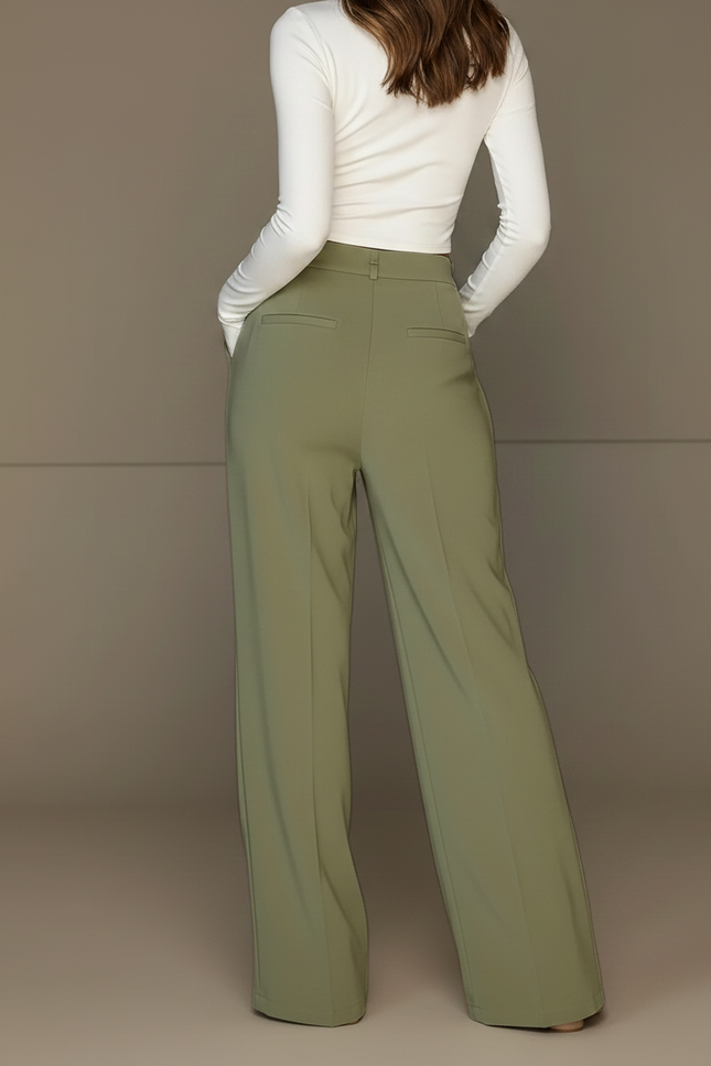 Pantalon Fluide Vert Kaki Taille Haute Large Élégant - Viscose - vue 2