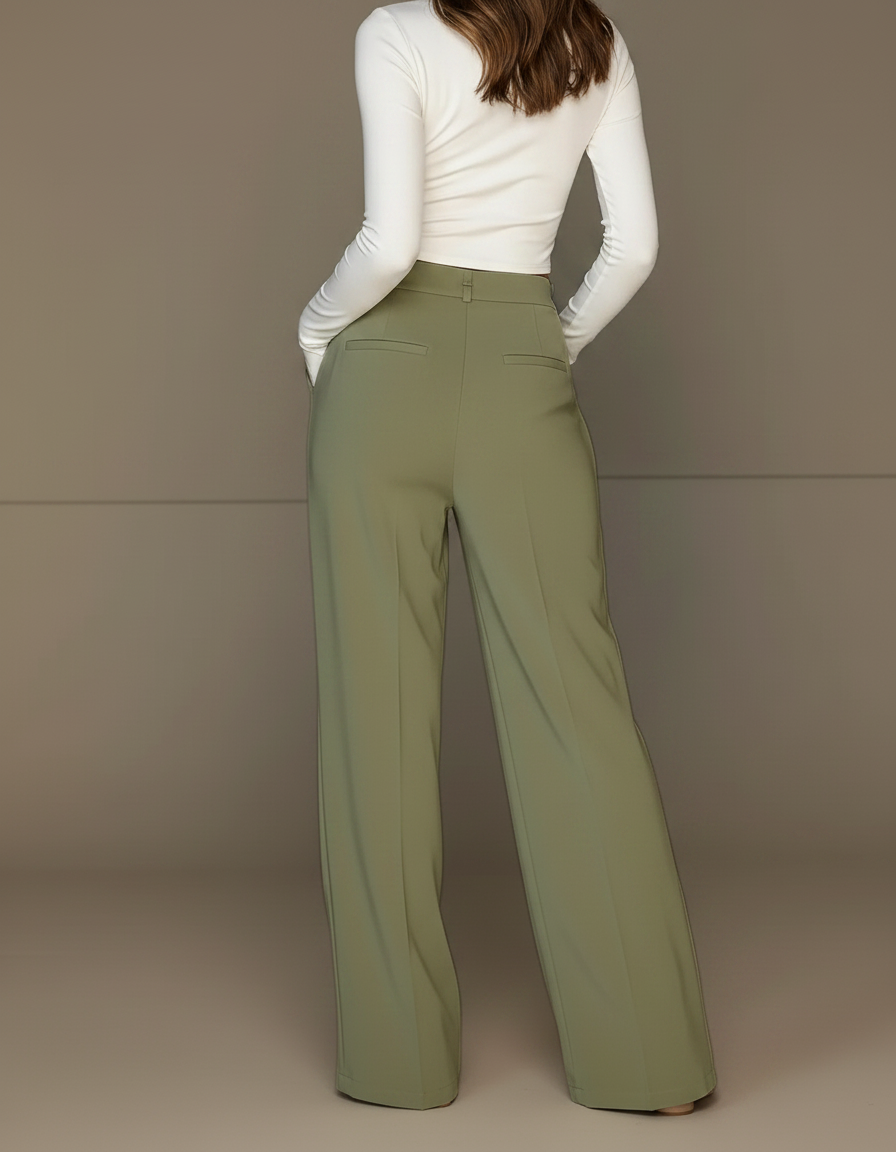 Pantalon Fluide Vert Kaki Taille Haute Large Élégant - Viscose - vue 2