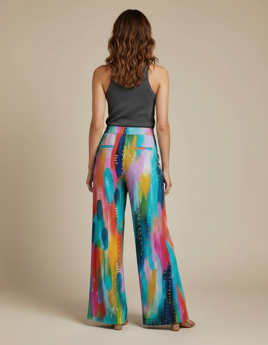 Pantalon Fluide Imprimé Abstrait Coloré Ample Femme - Multicolore Viscose - vue 2
