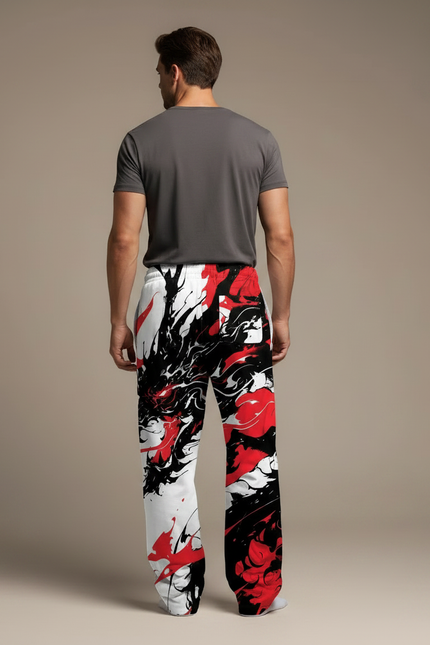 Pantalon Fluide Blanc Rouge Noir Dragon Ample Cordon - Multicolore Polyester - vue 2