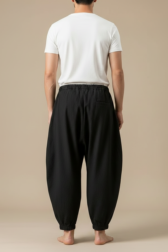 Pantalon Fluide Noir Ample Coton Lin Harem Homme - vue 2
