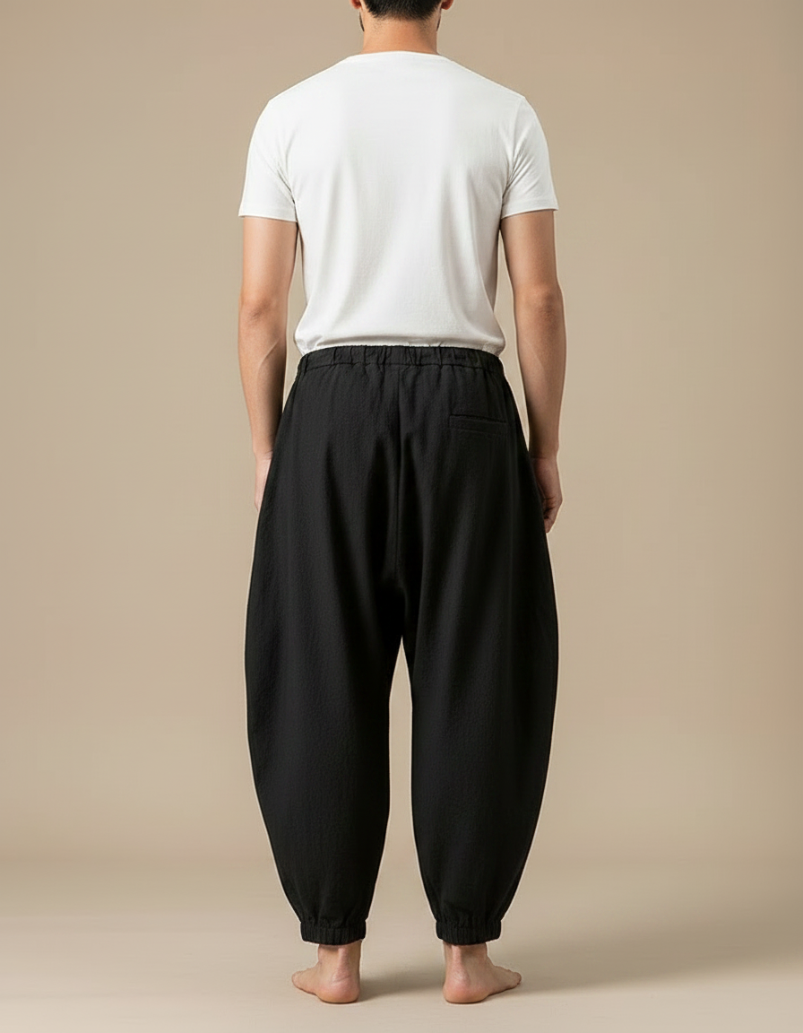 Pantalon Fluide Noir Ample Coton Lin Harem Homme - vue 2