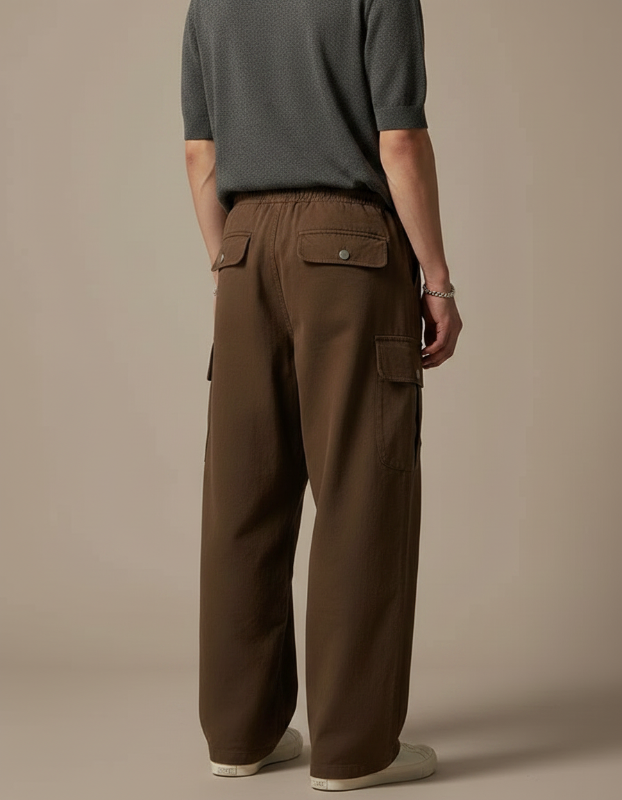 Pantalon Fluide Cargo Marron Ample Décontracté Coton - vue 2
