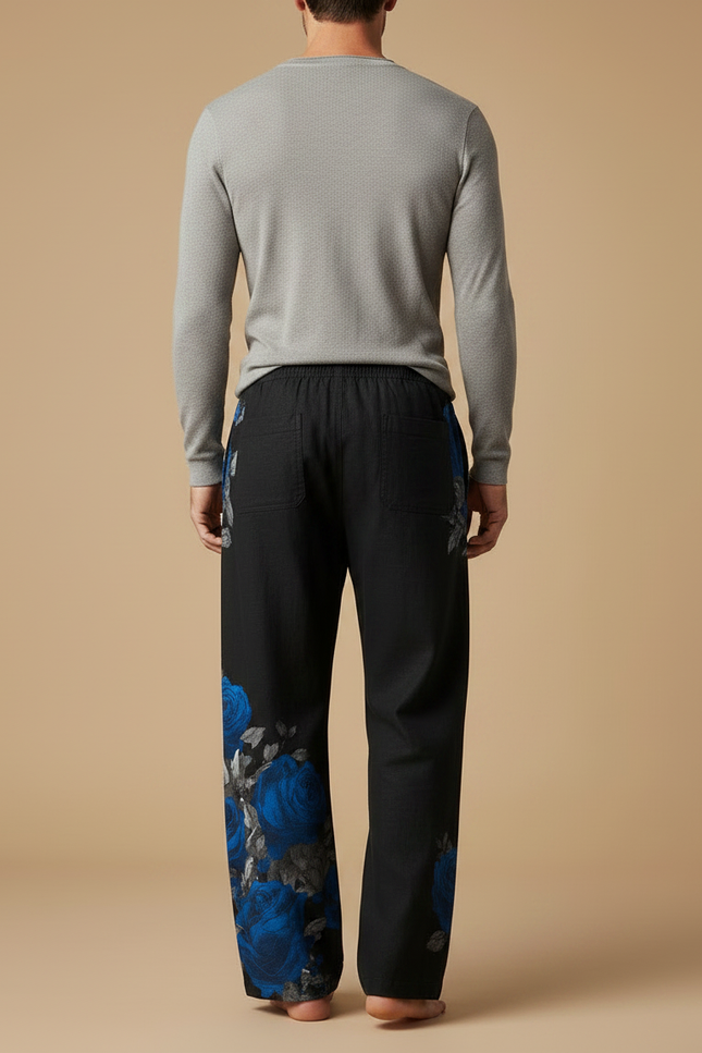 Pantalon Fluide Noir Ample Imprimé Roses Bleues Cordon Homme - Viscose - vue 2
