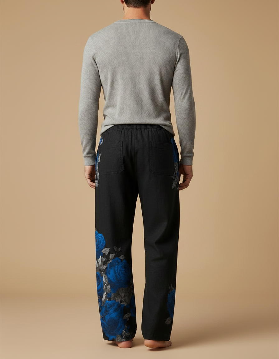 Pantalon Fluide Noir Ample Imprimé Roses Bleues Cordon Homme - Viscose - vue 2
