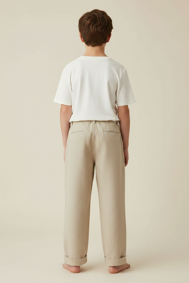 Pantalon Fluide Garçon Beige Coupe Ample Lin - vue 2