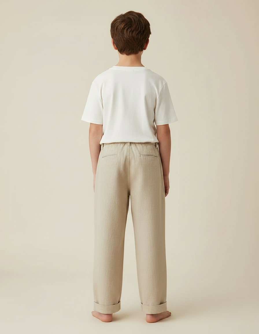 Pantalon Fluide Garçon Beige Coupe Ample Lin - vue 2