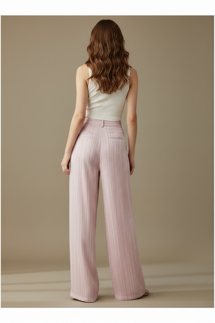 Pantalon Fluide Rose Rayé Ample Élégant Décontracté - Lin - vue 2