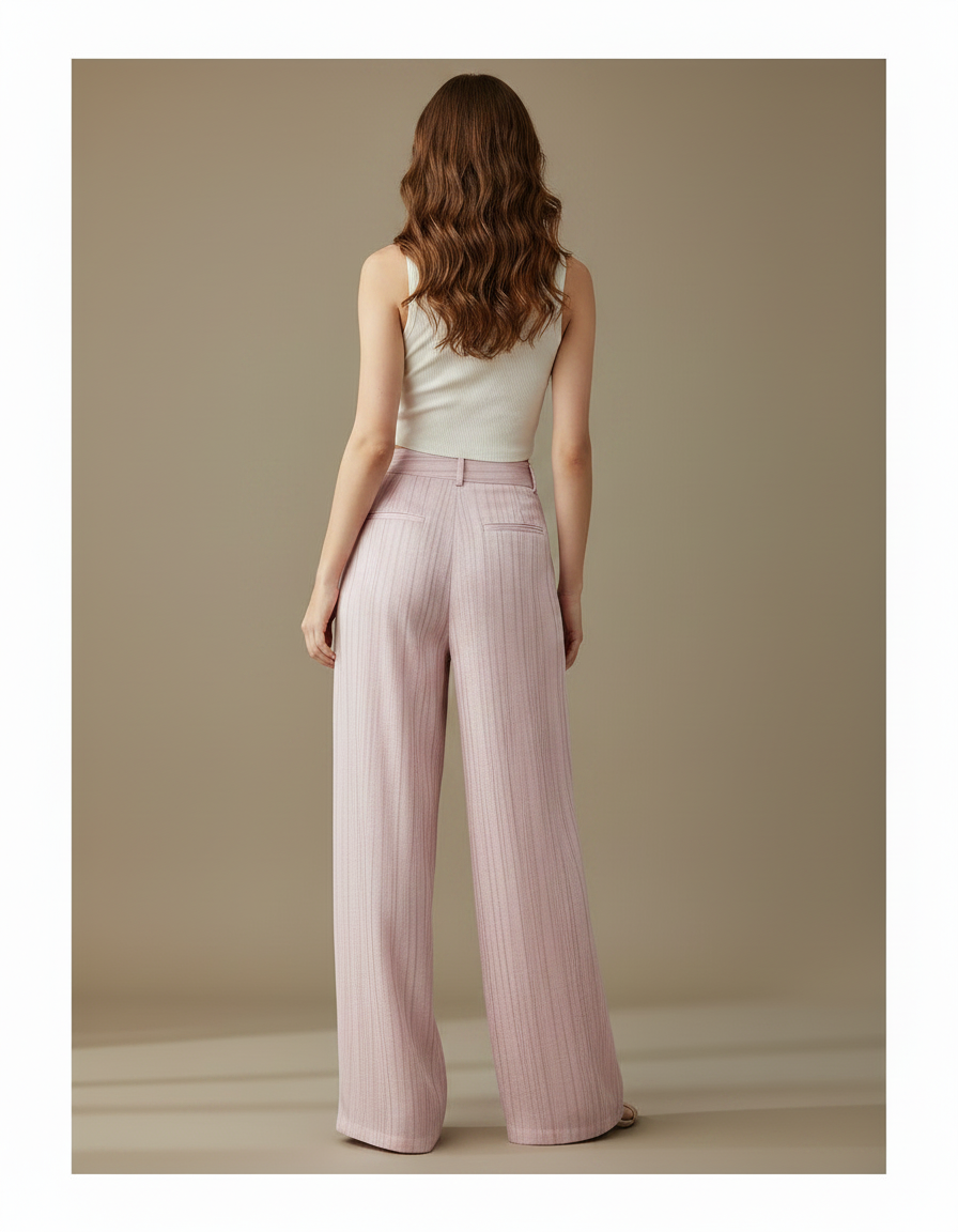 Pantalon Fluide Rose Rayé Ample Élégant Décontracté - Lin - vue 2