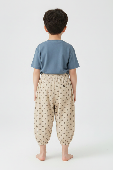Pantalon Fluide Garçon Beige Coupe Ample Coton Pois - Imprimé Cordé - vue 2