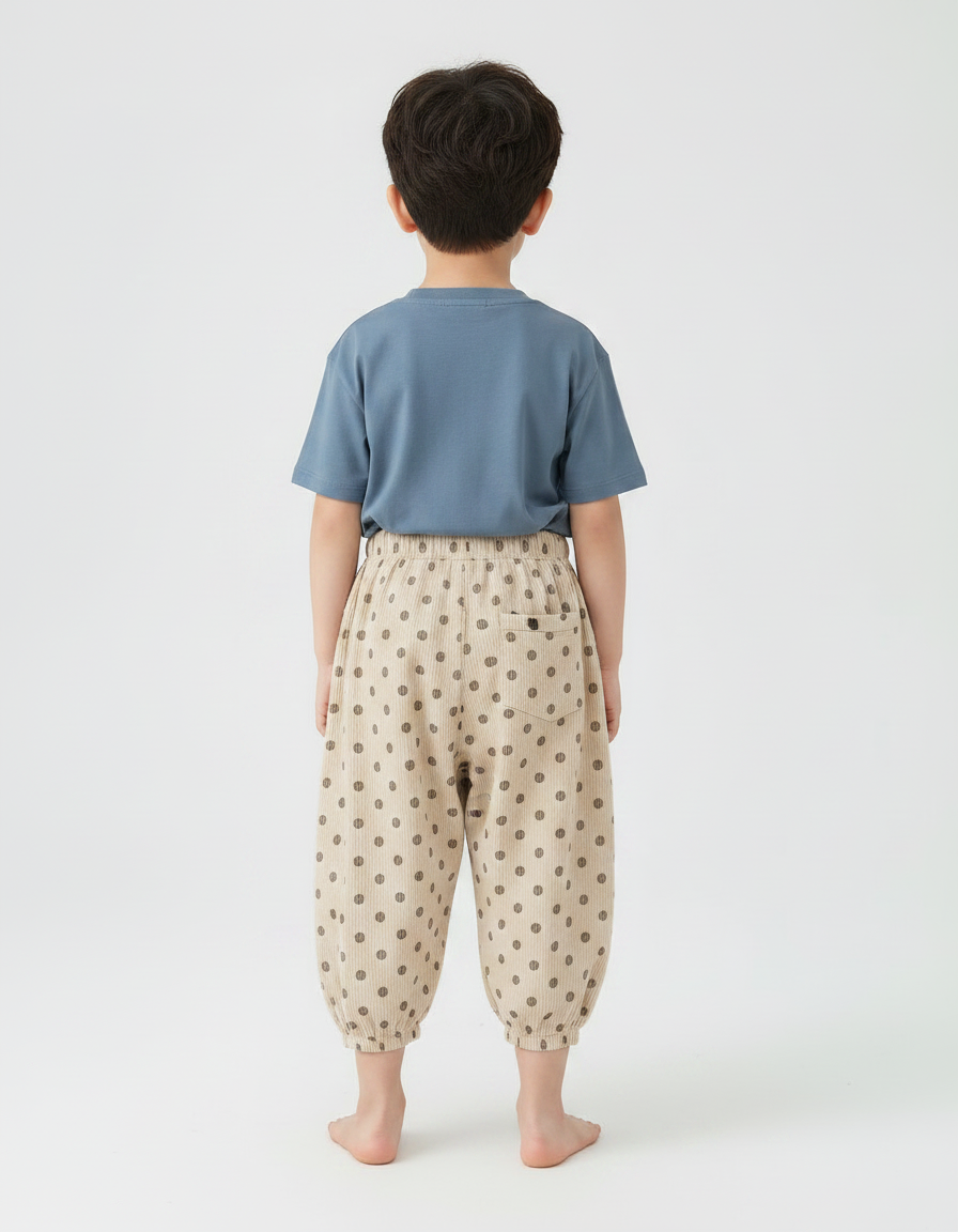 Pantalon Fluide Garçon Beige Coupe Ample Coton Pois - Imprimé Cordé - vue 2