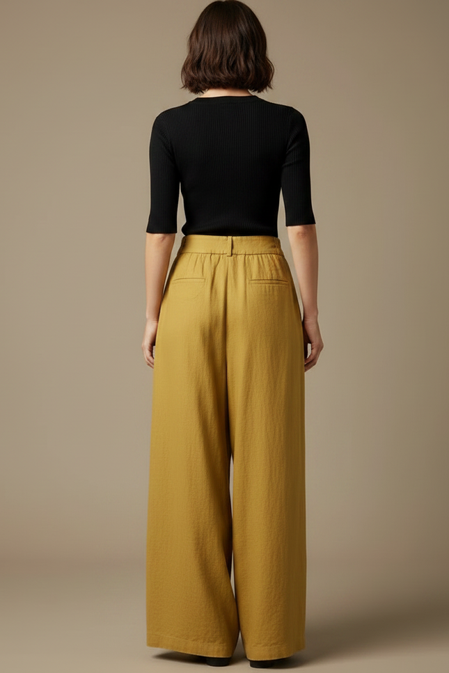 Pantalon Fluide Jaune Moutarde Ample Lin Taille Haute - vue 2