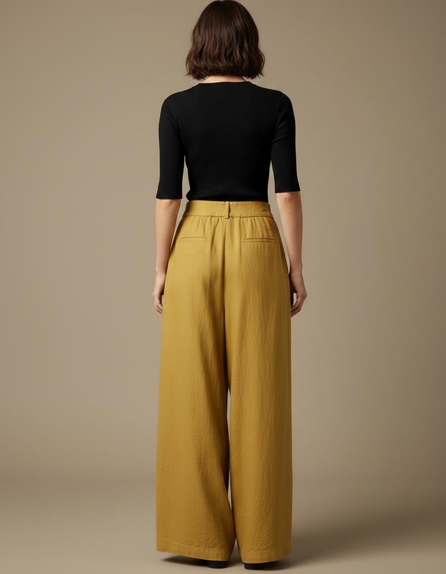 Pantalon Fluide Jaune Moutarde Ample Lin Taille Haute - vue 2