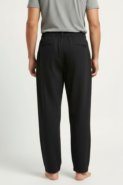 Pantalon Fluide Noir Coton Lin Ample Boutons Décontracté Homme - vue 2