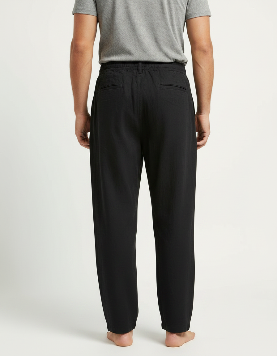 Pantalon Fluide Noir Coton Lin Ample Boutons Décontracté Homme - vue 2