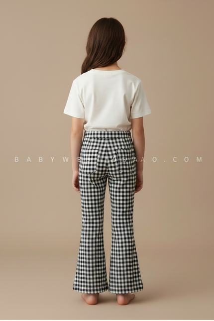 Pantalon Fluide Carreaux Vichy Noir Blanc Évasé Enfant - Imprimé Viscose - vue 2
