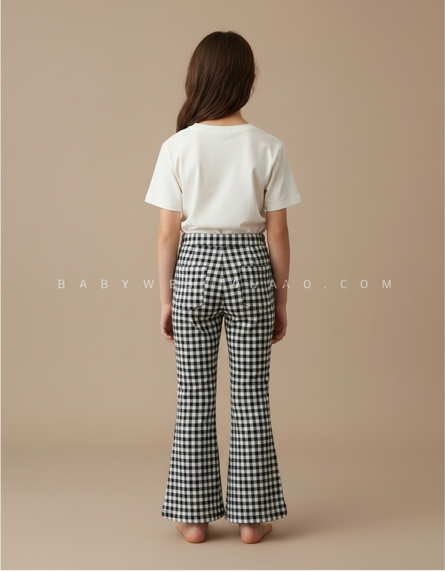 Pantalon Fluide Carreaux Vichy Noir Blanc Évasé Enfant - Imprimé Viscose - vue 2