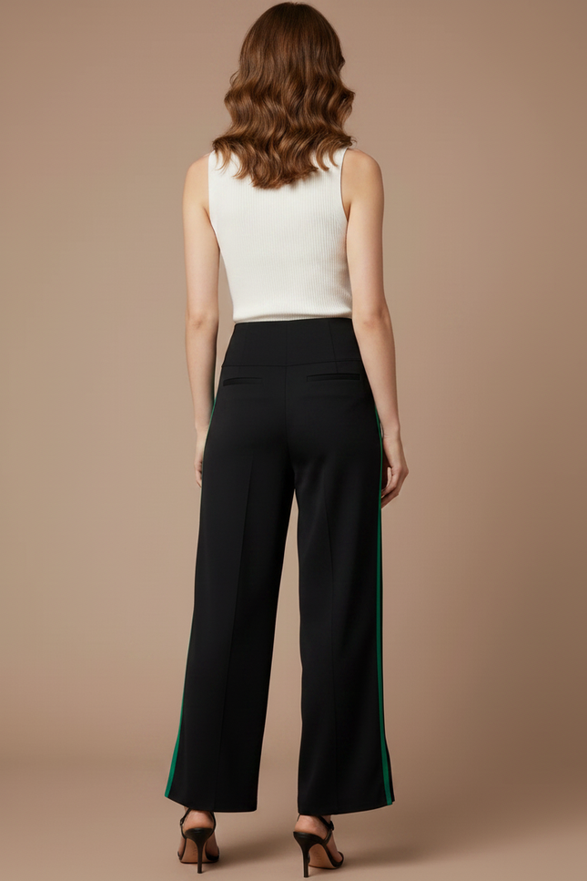 Pantalon Fluide Noir Ample Bande Verte Élégant - Polyester - vue 2